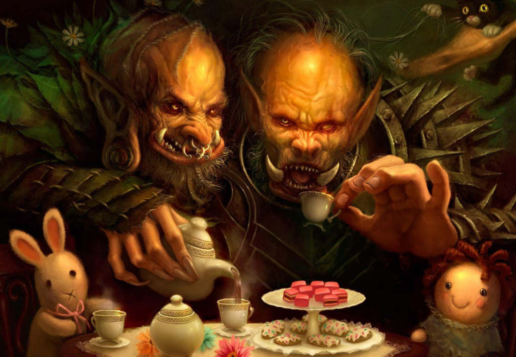 Illustration d'un Troll a deux têtes buvant un thé