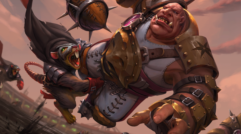 Illustration d'un Skaven taclant un Ogre lors d'une partie de Blood Bowl